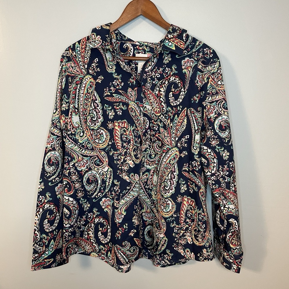 Chico's‎ Women's Size 3 (XL) Navy Paisley Floral Long Sleeve Button Up Blouse
